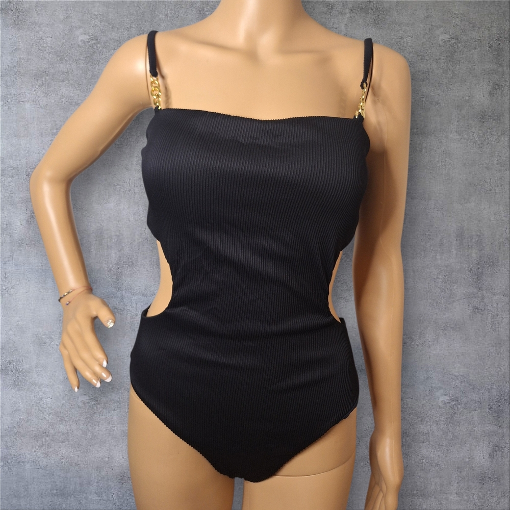 Aqua Black Ribbed One-Piece Swimsuit with Gold Chain Straps